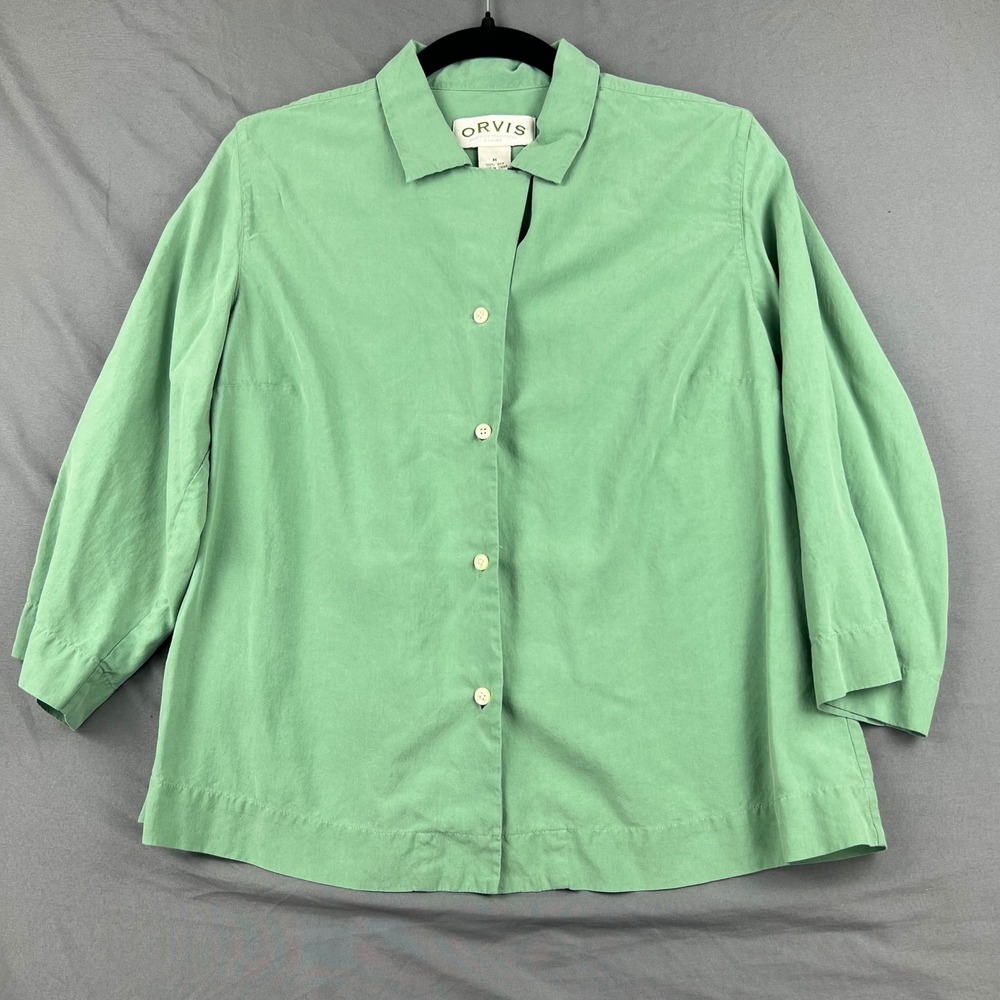 Orvis Shirt Womens Medium Silk Button Up Green 3/4 Sleeve Solid Casual Good